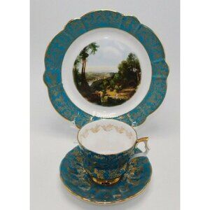 Royal Windsor Bone China Green & Gold Leaves Teacup Saucer Plate Set